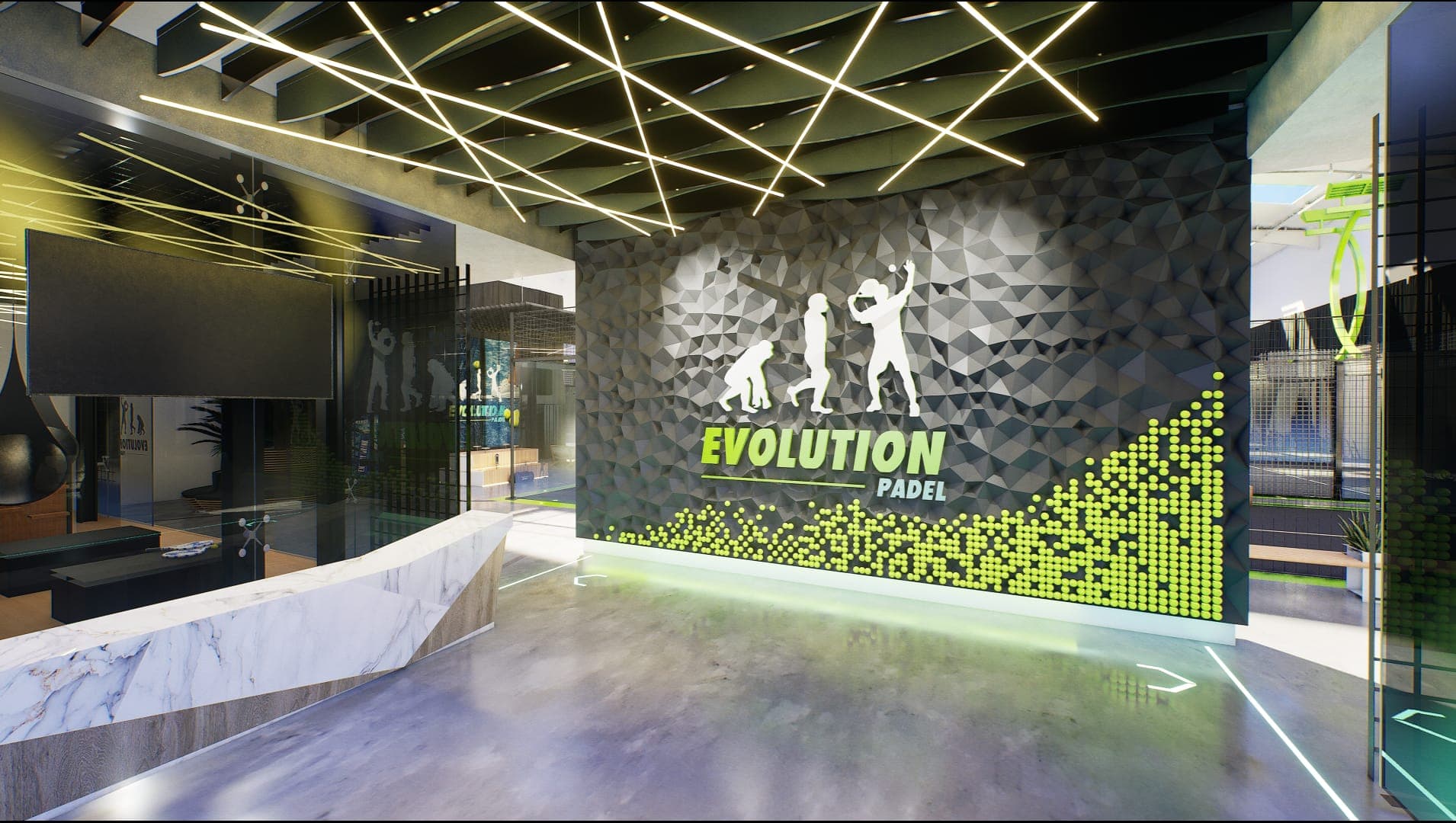 Evolution Padel reception and feature wall render.