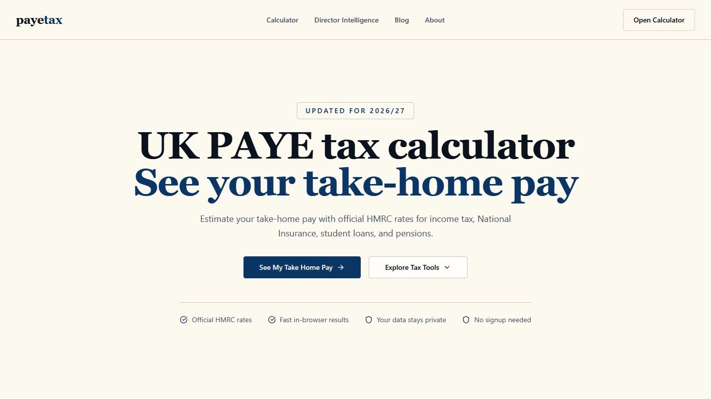 PayeTax's live UK PAYE calculator homepage on desktop.