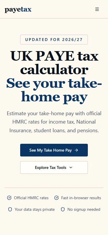 The same PayeTax website on a mobile screen.